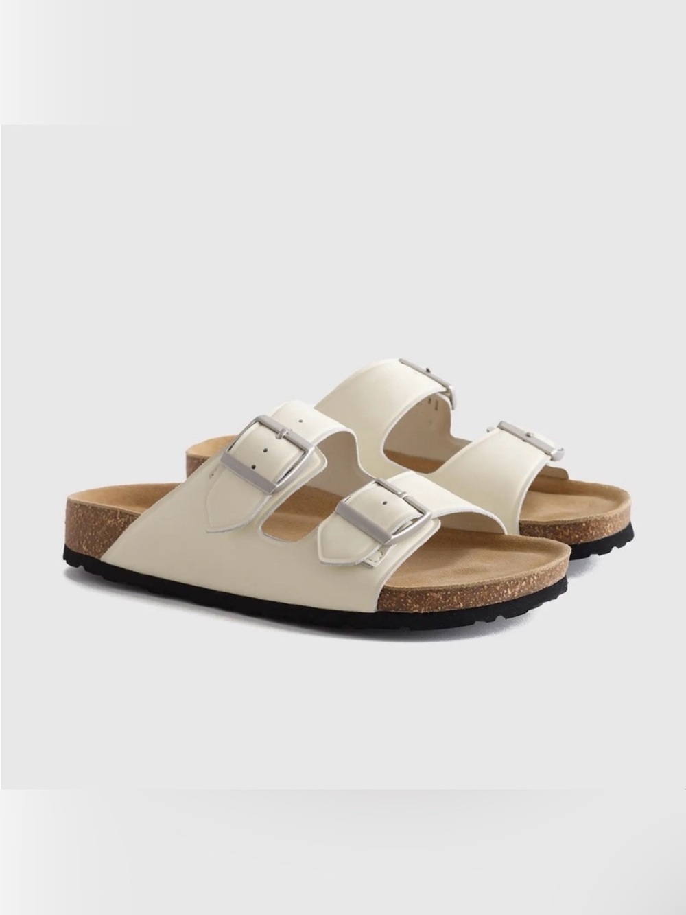 Quince Nappa Leather Double Buckle Cork Slide Sandals White Size 7